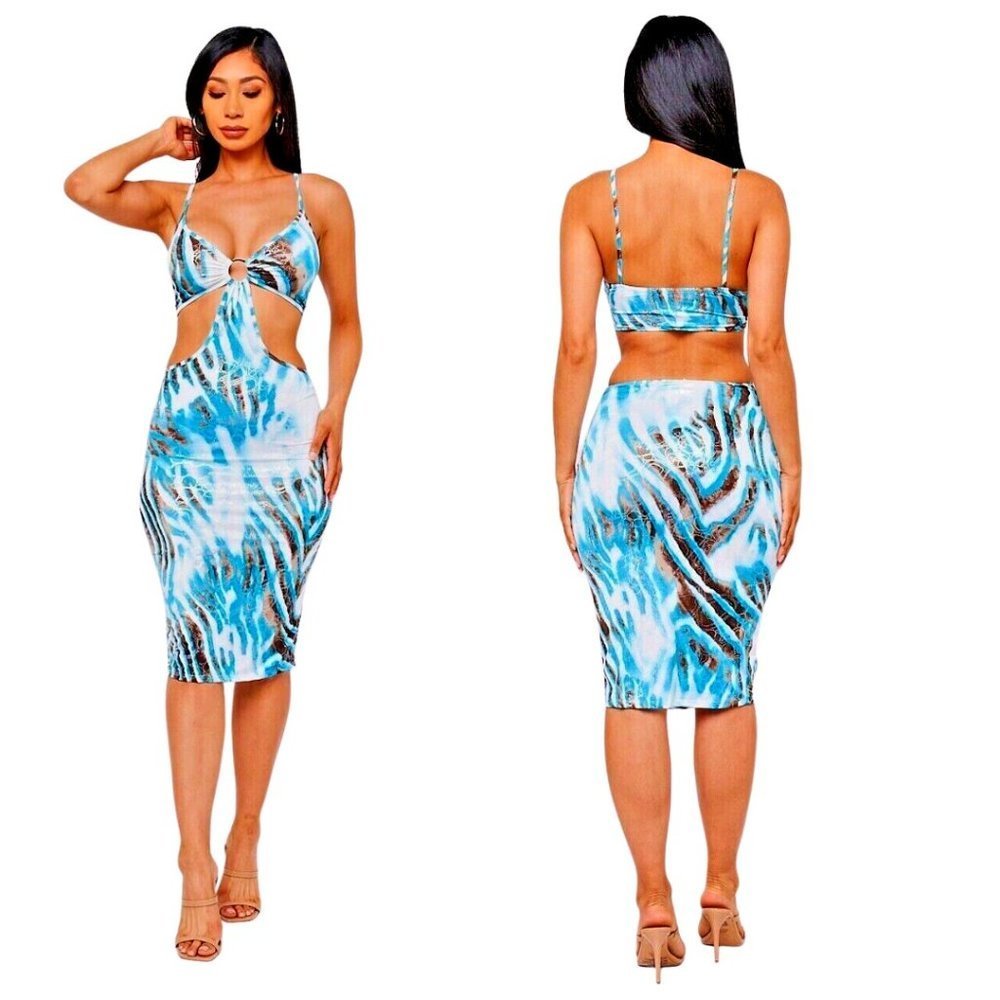 NWT Midi Dress Sky Blue Tiger Striped Spaghetti Strap Cut Out Bodycon